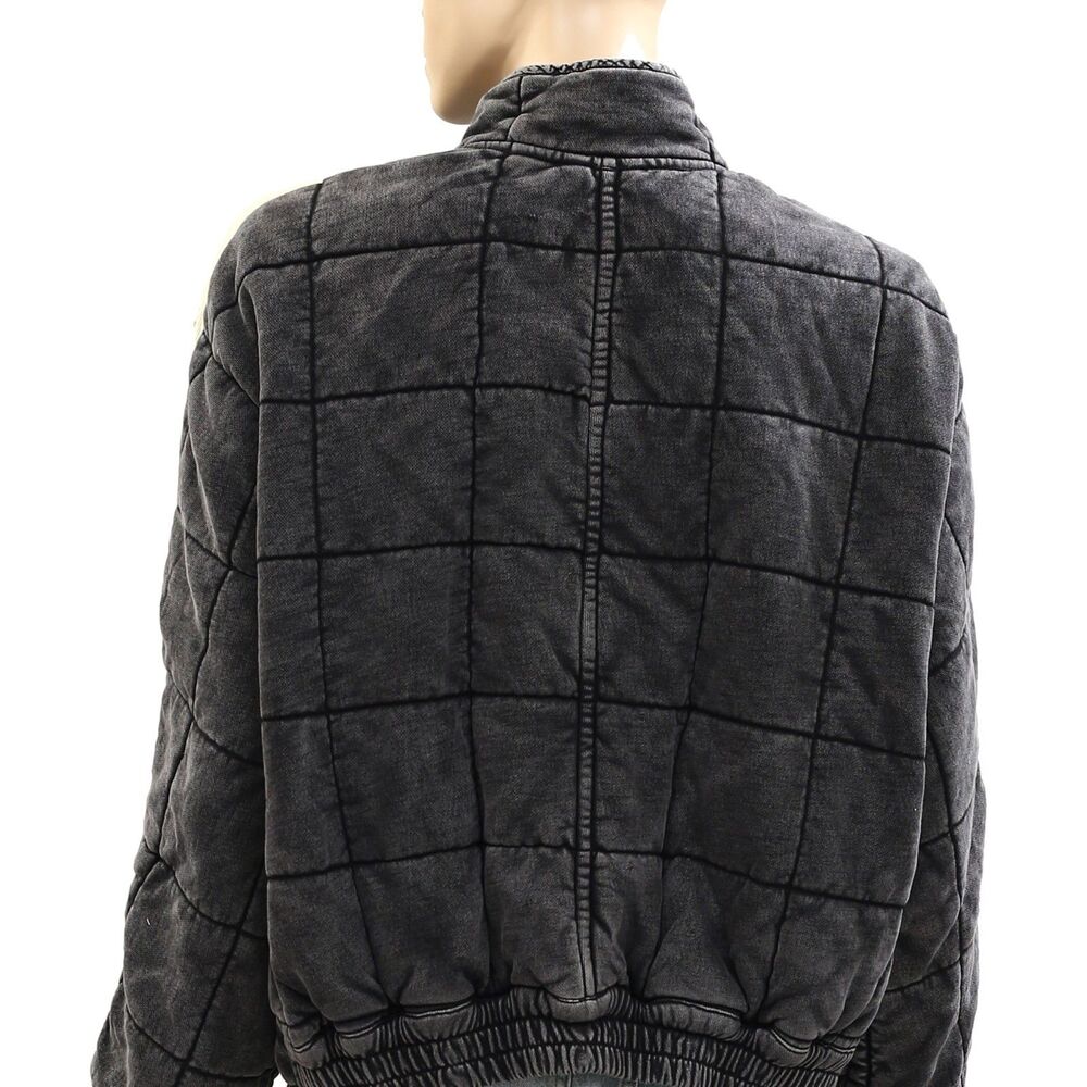 Free People Charcoal Quilted Puffer Jacket with Cream Sleeve Stripes - Picture 4 of 7